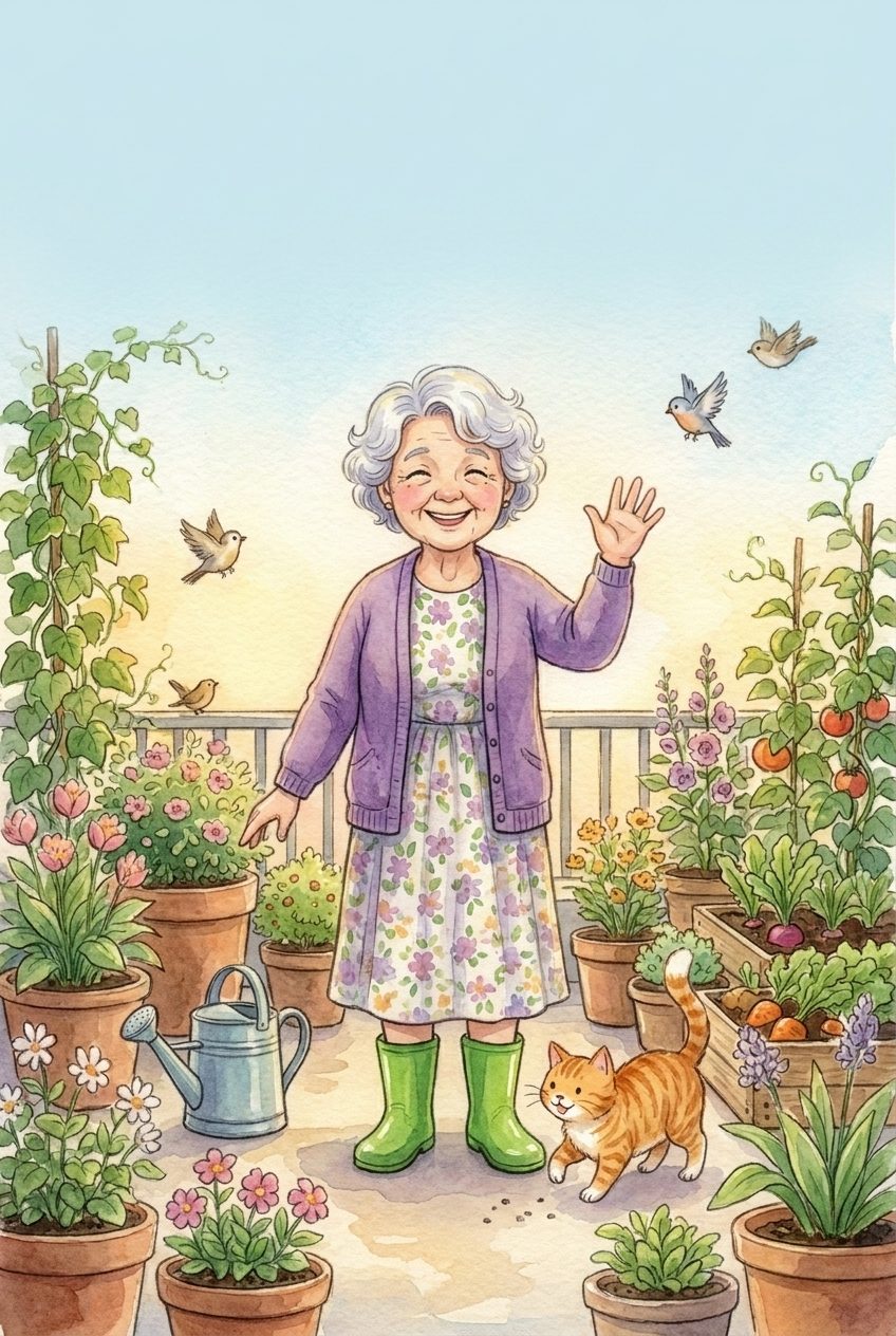 Watercolor book cover: a smiling older woman with silver curls, purple cardigan and green rain boots waves from a rooftop garden with an orange cat