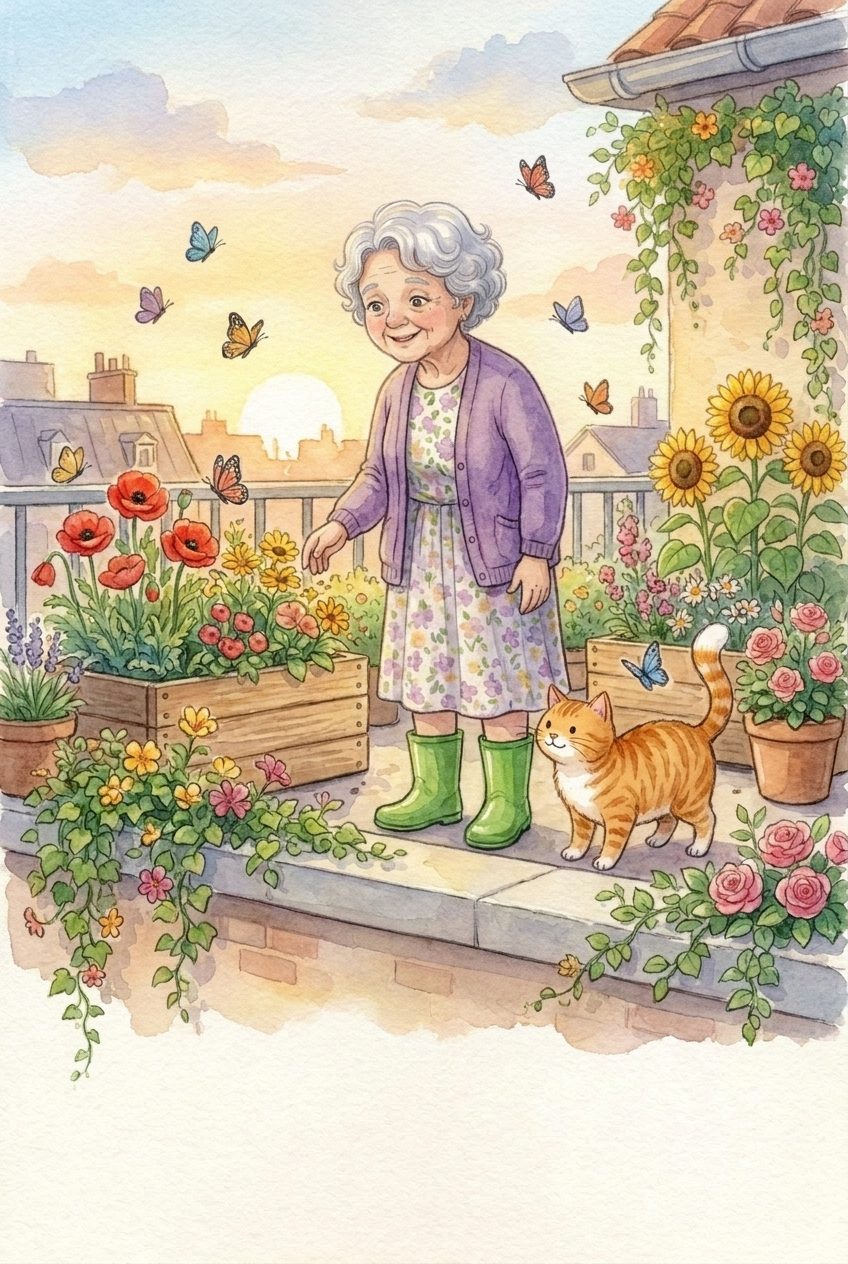 Watercolor book page: the same woman among poppies and sunflowers on a rooftop at sunset, butterflies overhead, the orange cat at her boots