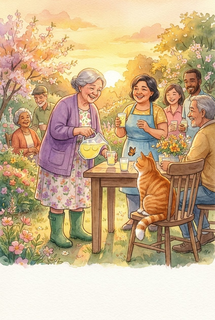 Watercolor book page: the woman pours lemonade for neighbors at a garden table at golden hour, the orange cat on a chair